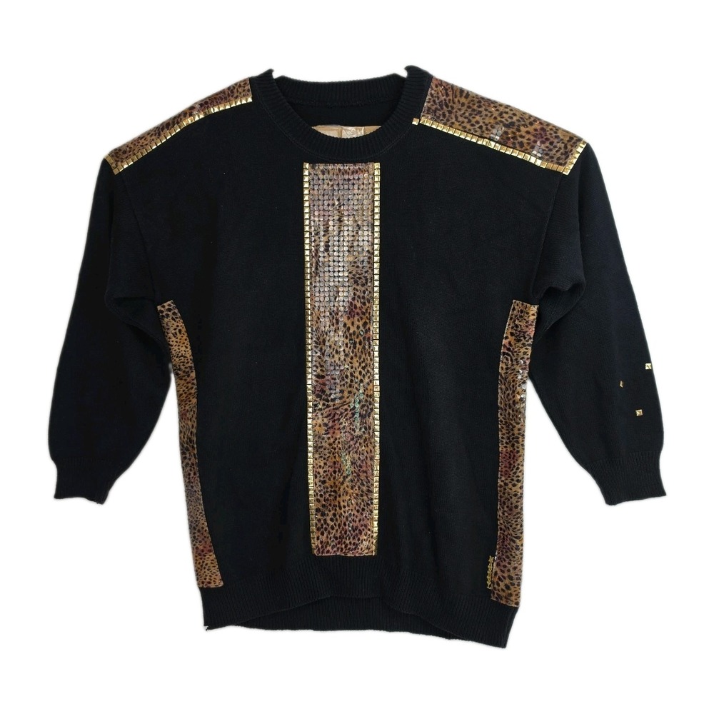 Vintage Mardel Sweater Womens XL Black Leopard Studded Embellished 80s 90s